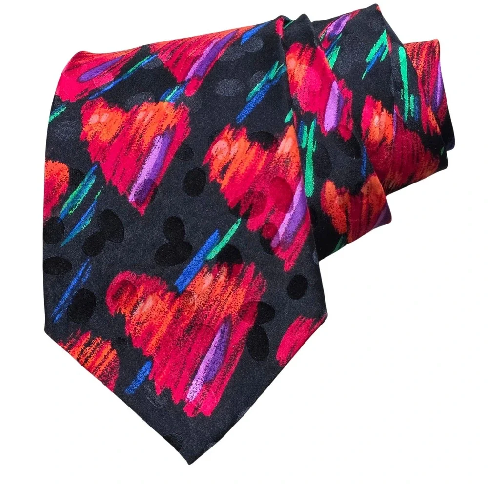 Addiction Silk Necktie Mens OS Black Red Abstract Heart Print Excellent Handmade